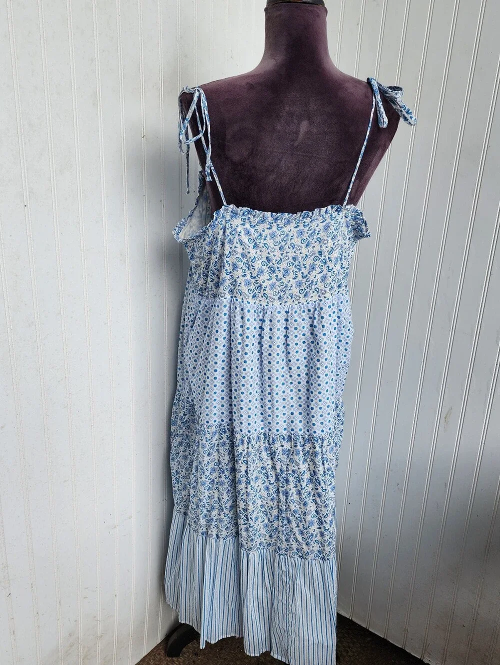 J. Crew Blue White Mixed Print Tiered Cotton Maxi Dress Paisley Striped Tie XL